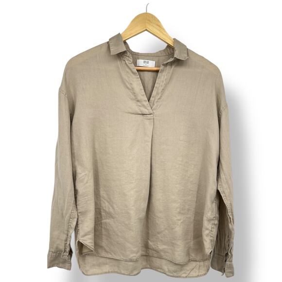 Uniqlo Tops - Uniqlo Tan Linen Popover Collared Long Sleeve Blouse Women's M Minimalist